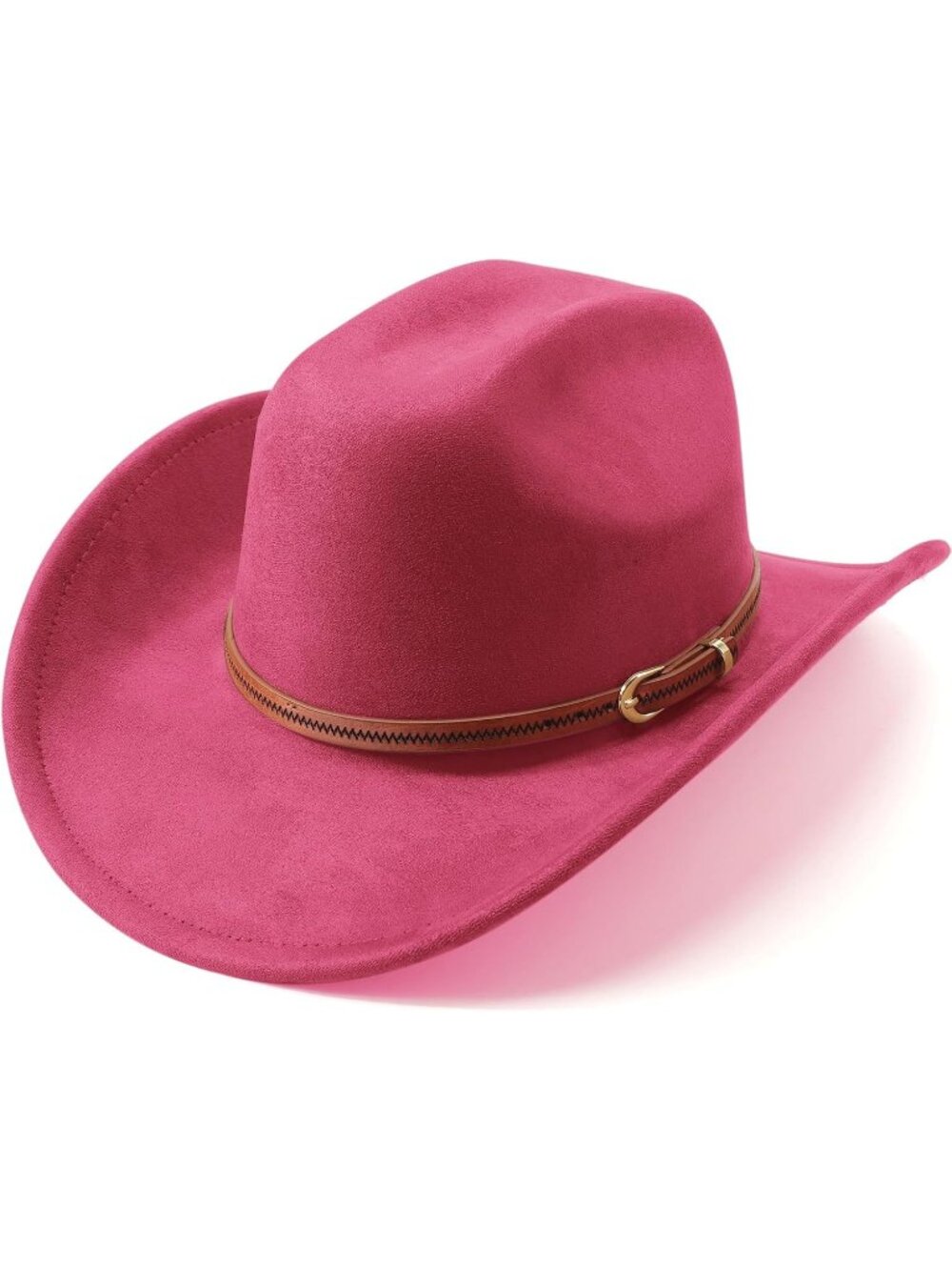 Unisex Deep Pink Felt Wide Brim Fedora Belt Buckle Retro Western Cowboy Hat